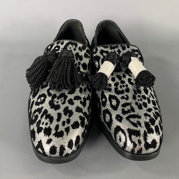 JIMMY CHOO Size 7 Silver Black Medusa Jacquard Tassels Loafers main image 9